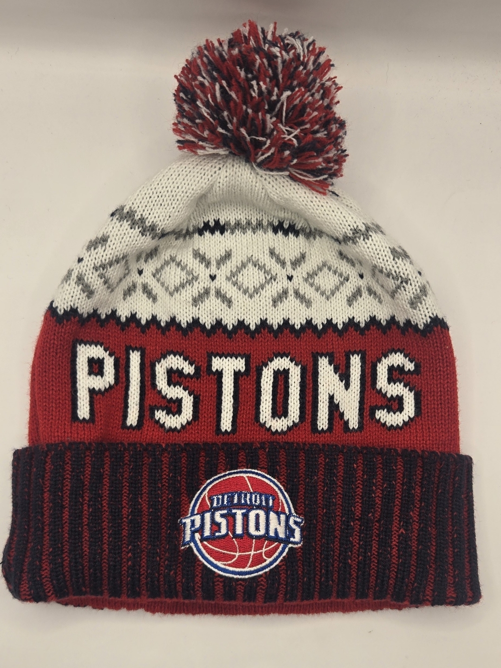 Detroit Pistons NBA Pom Beanie Winter Knit Hat Red White Navy Snowflake.